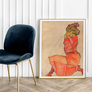 Egon Schiele Wall Art Print Kneeling Female in Orange-Red Dress Poster | DIGITAL DOWNLOAD | Eclectic Home Decor for Living Room Gallery Wall