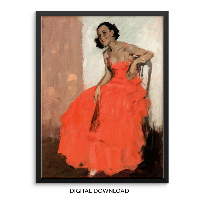 Figurative Wall Art Print Woman with Red Party Dress by Brynolf Wennerberg Vintage Poster | DIGITAL DOWNLOAD | Eclectic Artwork for Living Room Gallery Wall Decor 