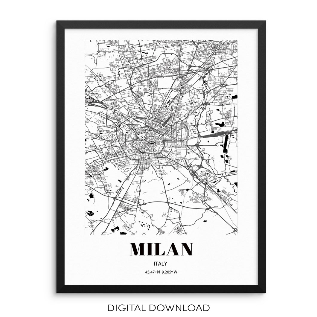 MILAN City Grid Map Art Print Cityscape Road Wall Poster DIGITAL FILE