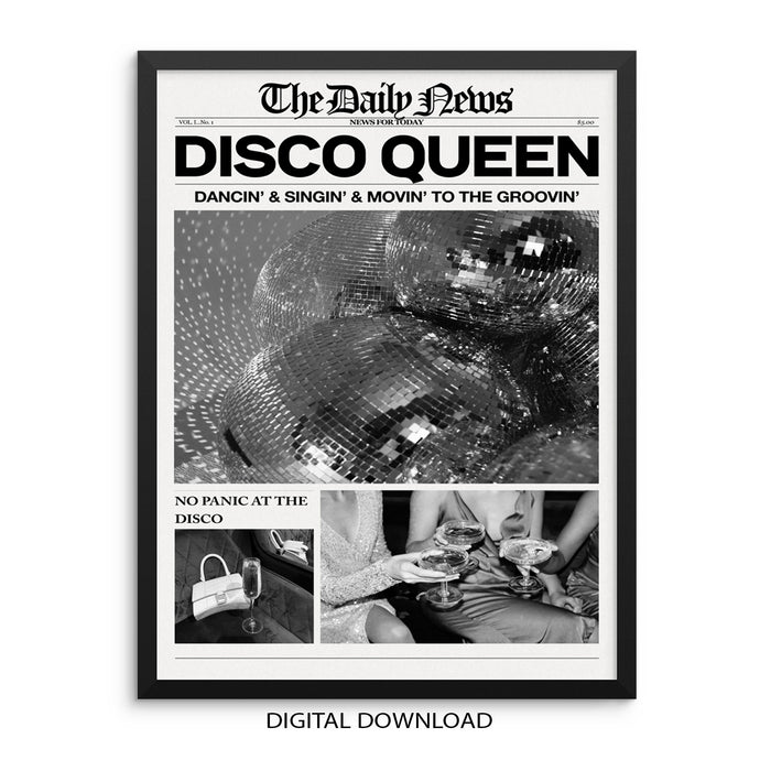 Disco Queen Trendy Newspaper Poster PRINTABLE Bar Cart Decor Wall Art