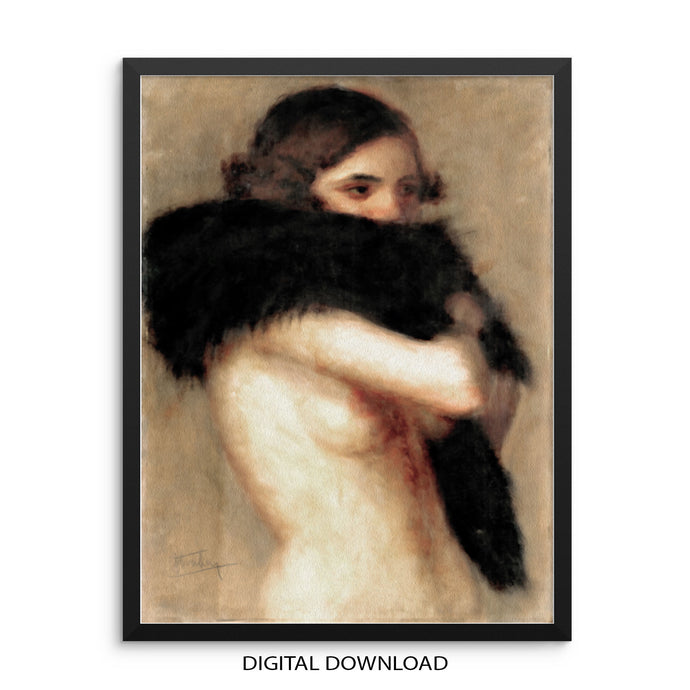 Stefan Straka Figurative Half Nude Woman With Black Feather Boa Printable Neutral Colors Vintage Wall Art