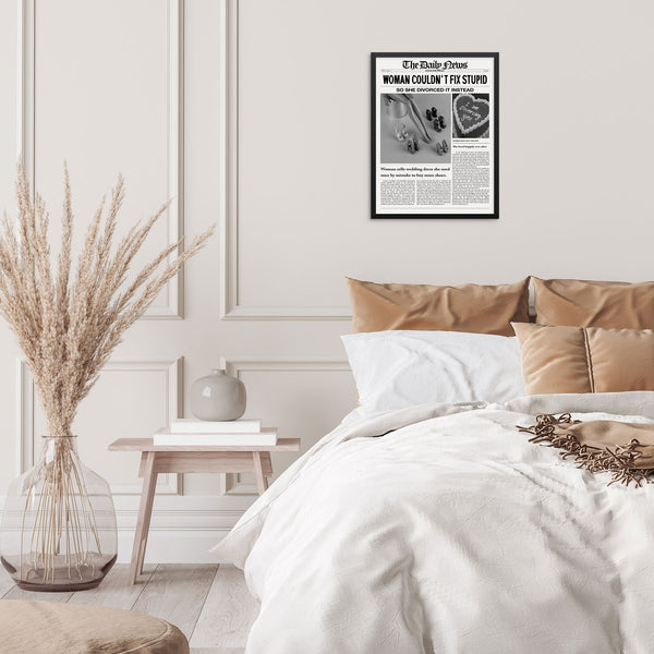 Trendy Newspaper Wall Art Print Woman Couldn't Fix Stupid |DIGITAL DOWNLOAD| Typography Poster for Bar Cart, Entryway or Living Room Decor 