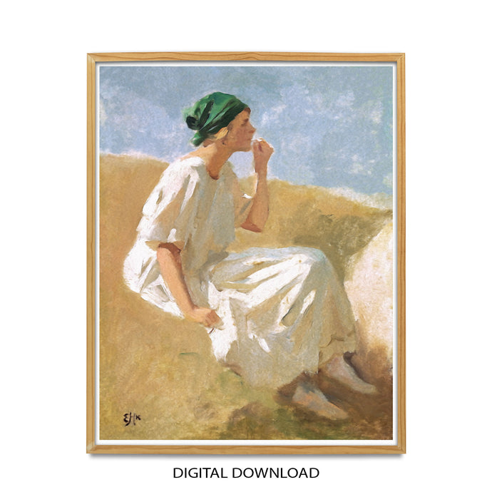 Figurative Portrait of a Young Woman with a Green Scarf by Erik Hanningsen Vintage Printable Wall Art