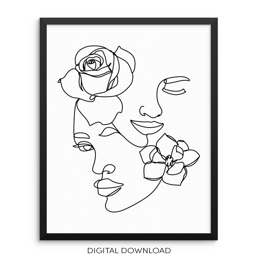 Abstract Woman's Face Line Drawing Art Print Botanical Wall Poster DIGITAL FILE