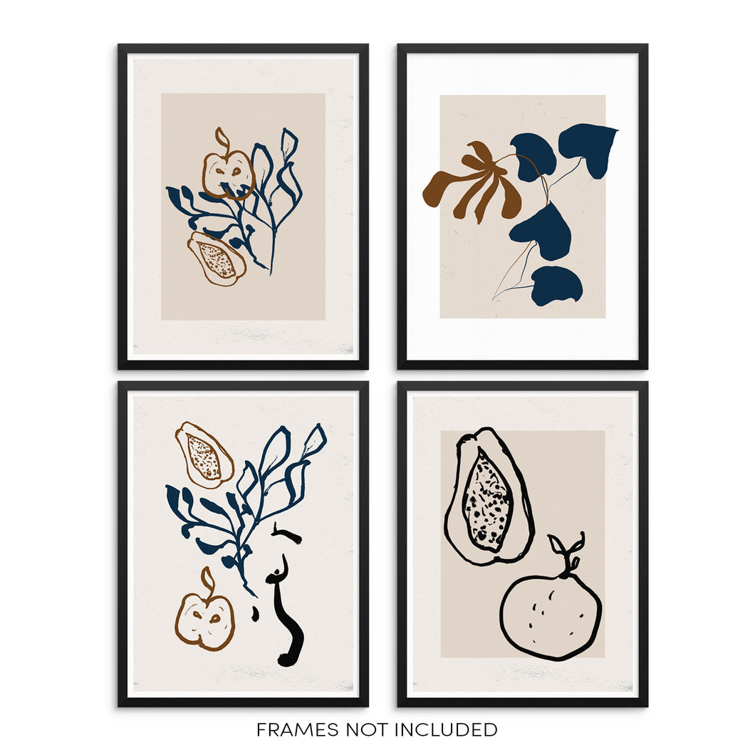 Minimalist Art Print Set Botanical and Fruit One Line Abstract Posters