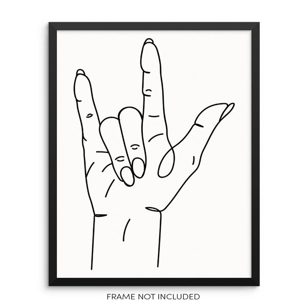 ASL I Love You Sign Language Hand Minimalist Line Drawing Art Print