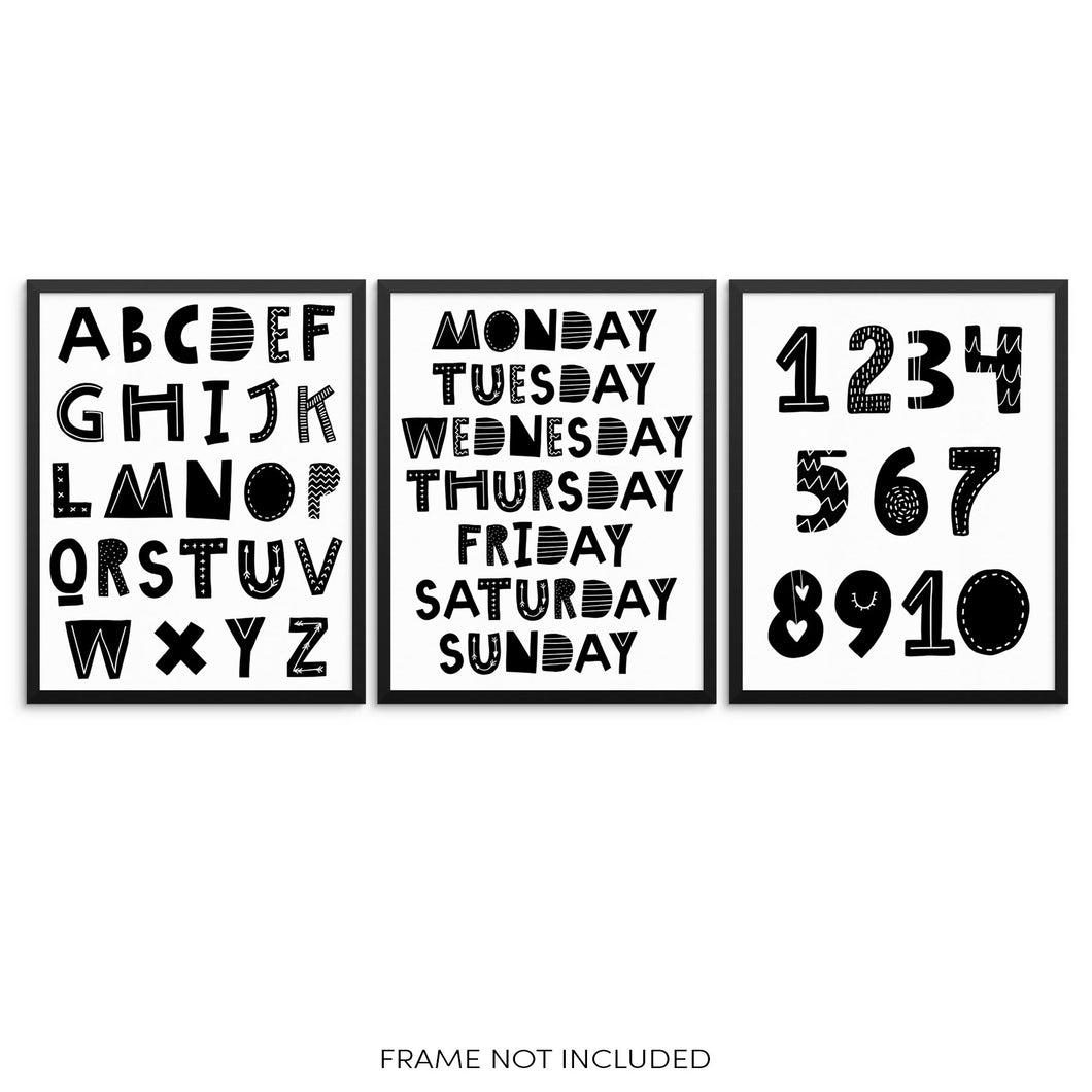 Kids ABCs Numbers and Days of Week Educational Art Prints Set