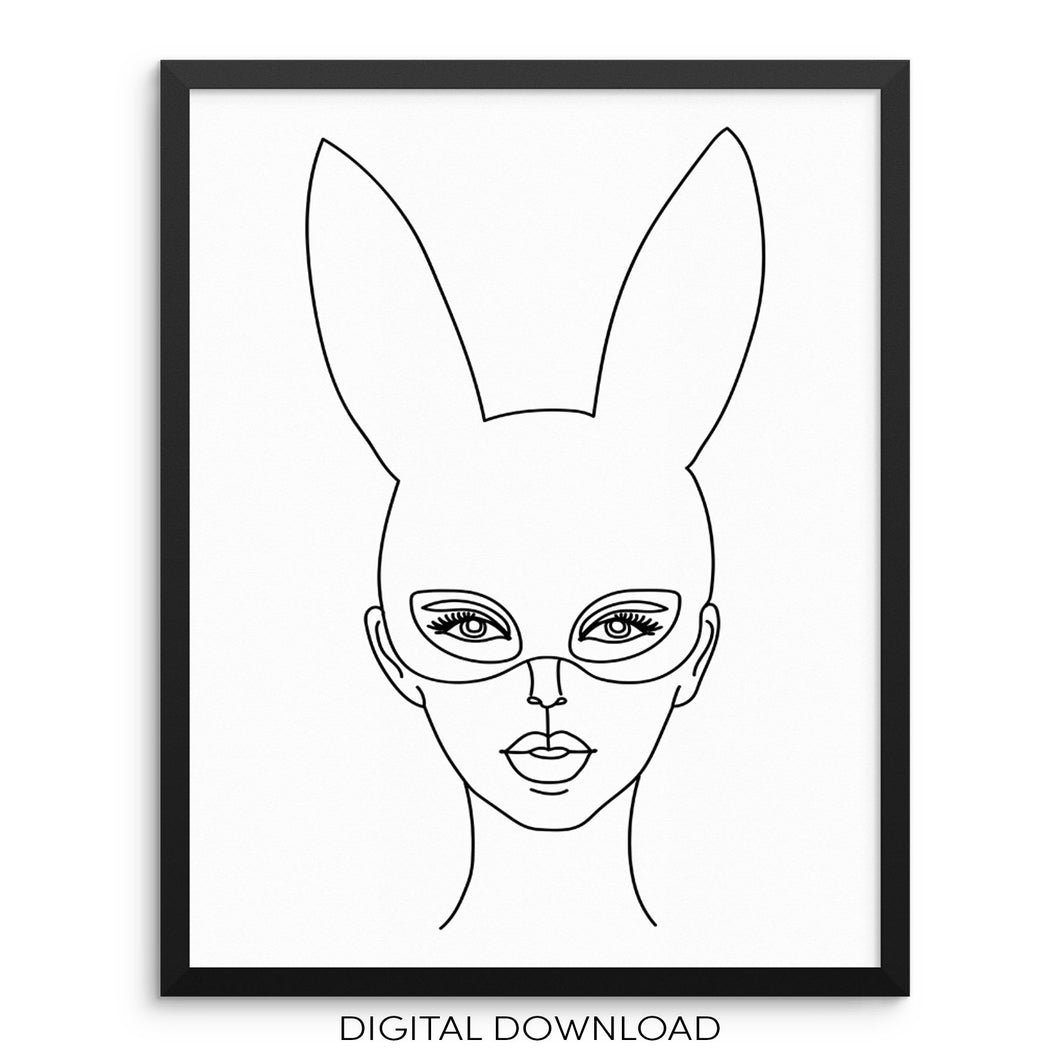 One Line Woman's Face with Bunny Ears Wall Art Print DIGITAL DOWNLOAD