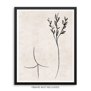 Line Wall Art Print Abstract Woman's Body Shape with Leaves  Poster