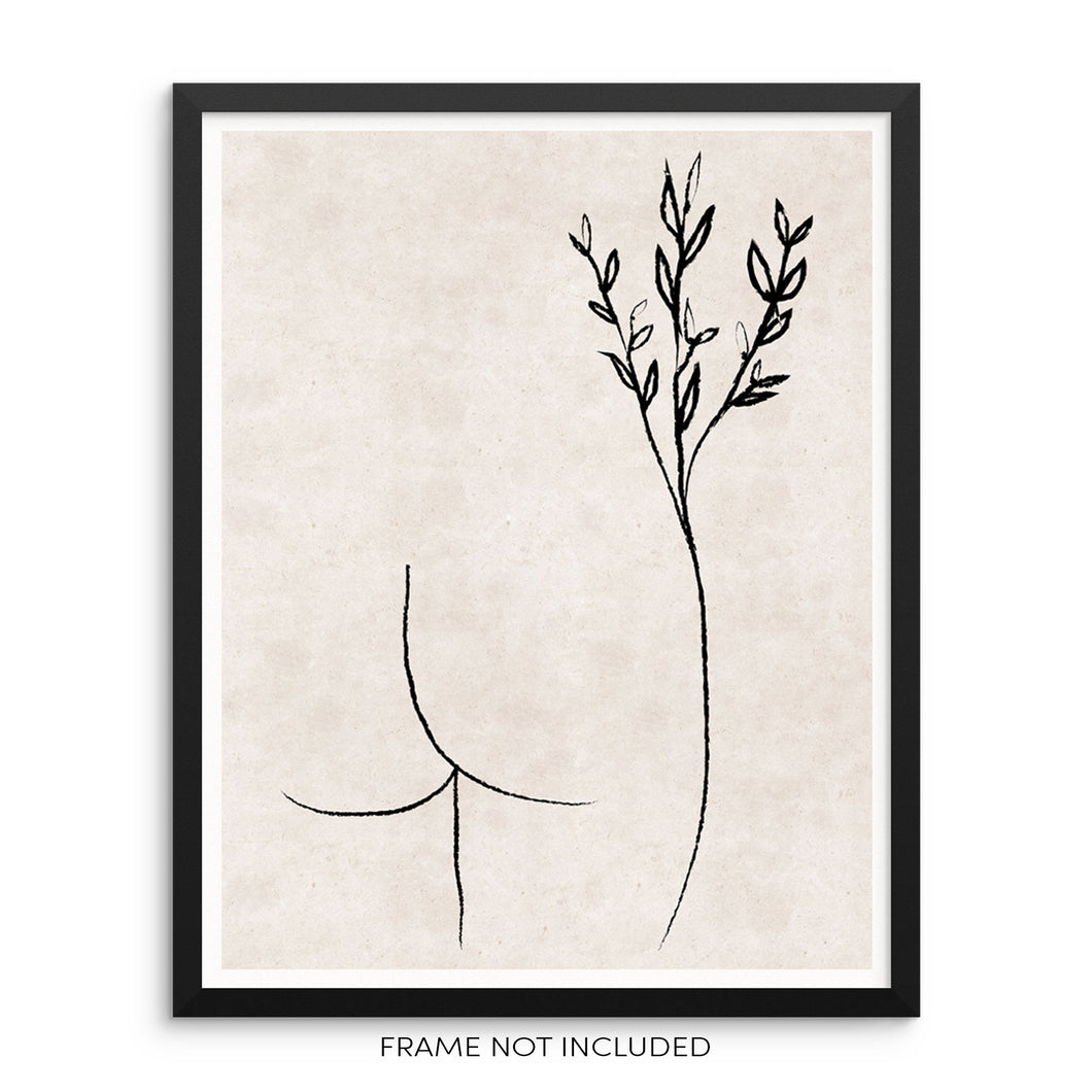 Line Wall Art Print Abstract Woman's Body Shape with Leaves  Poster