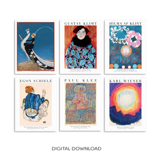Set of 6 Gallery Wall Art Prints Reproduction Gustav Klimt, Egon Schiele, Paul Klee, Hilma Klint, Karl Wiener and Vintage Fashion Magazine Cover DIGITAL DOWNLOAD
