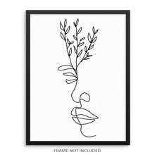 One Line Drawing Wall Art Print Abstract Face with Leaves Poster