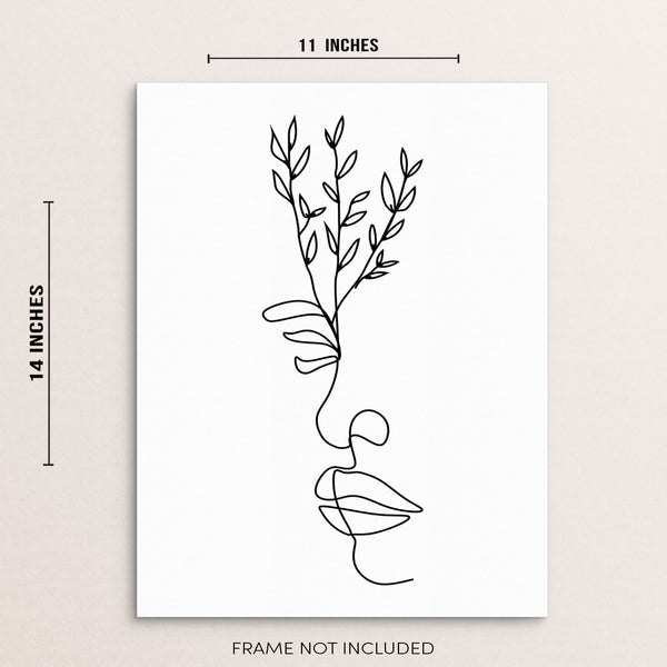 One Line Drawing Wall Art Print Abstract Face with Leaves Poster