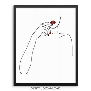 Abstract One Line Woman with Red Lips Art Print DIGITAL DOWNLOAD