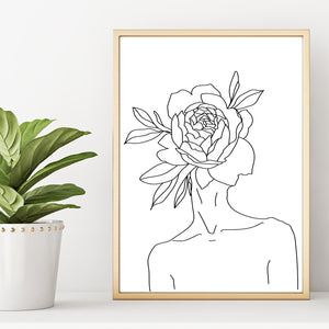 Abstract Line Drawing Nude Woman With Flower on Head Wall Art PrintAbstract Line Drawing Nude Woman With Flower on Head Wall Art Print