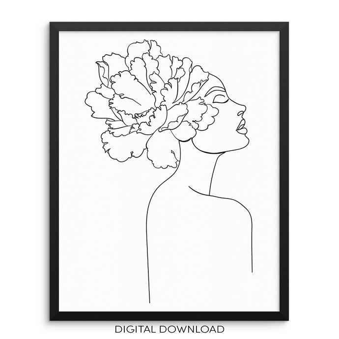 One Line Nude Woman's Body with Flower Art Print DIGITAL DOWNLOAD