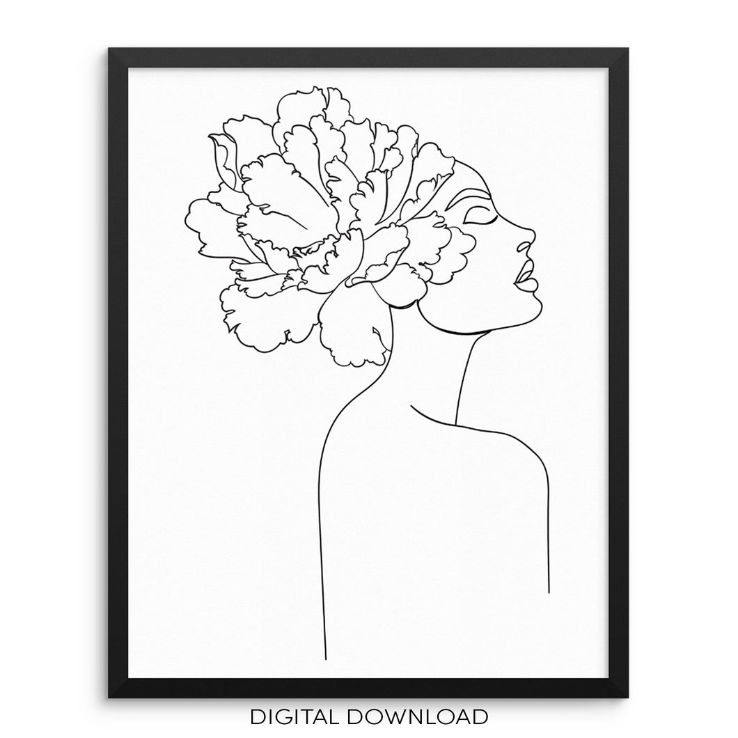 One Line Nude Woman's Body with Flower Art Print DIGITAL DOWNLOAD