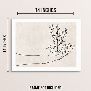Line Drawing Art Print Abstract Hands with Leaves Wall Decor Poster