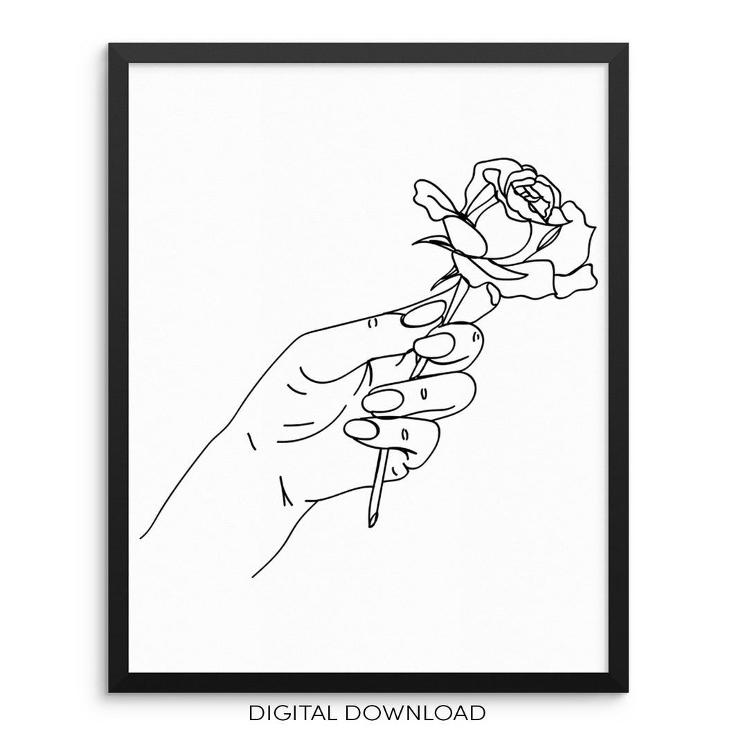 Line Abstract Hand with Flower Art Print Botanical Poster DIGITAL FILE