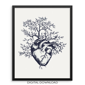 Anatomical Heart with Leaves Art Print Wall Poster DIGITAL DOWNLOAD