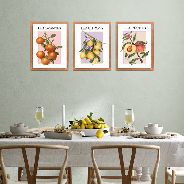 Set of 3 Colorful Gallery Wall Fruit Market Art Prints Lemons Oranges and Peaches Trendy Posters Collage DIGITAL DOWNLOAD