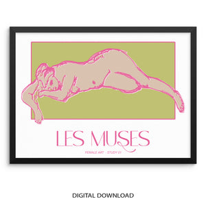Les Muses Minimalist Art Print | Nude Woman Poster |DIGITAL DOWNLOAD| Pink and Green Aesthetic Abstract Artwork for Living Room Gallery Wall