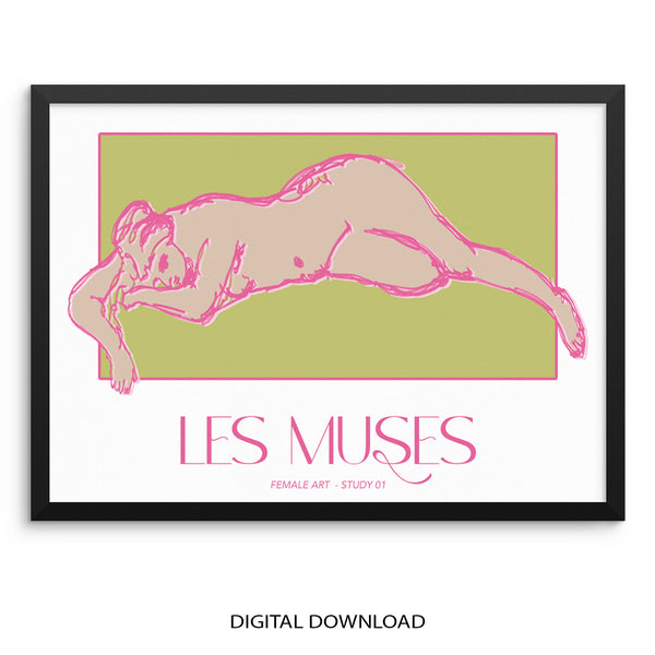 Les Muses Minimalist Art Print | Nude Woman Poster |DIGITAL DOWNLOAD| Pink and Green Aesthetic Abstract Artwork for Living Room Gallery Wall
