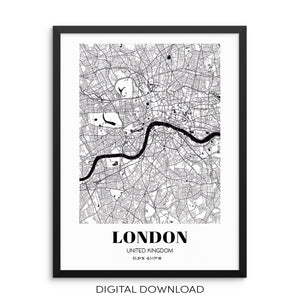 LONDON City Grid Map Art Print DIGITAL DOWNLOAD Cityscape Road Map 