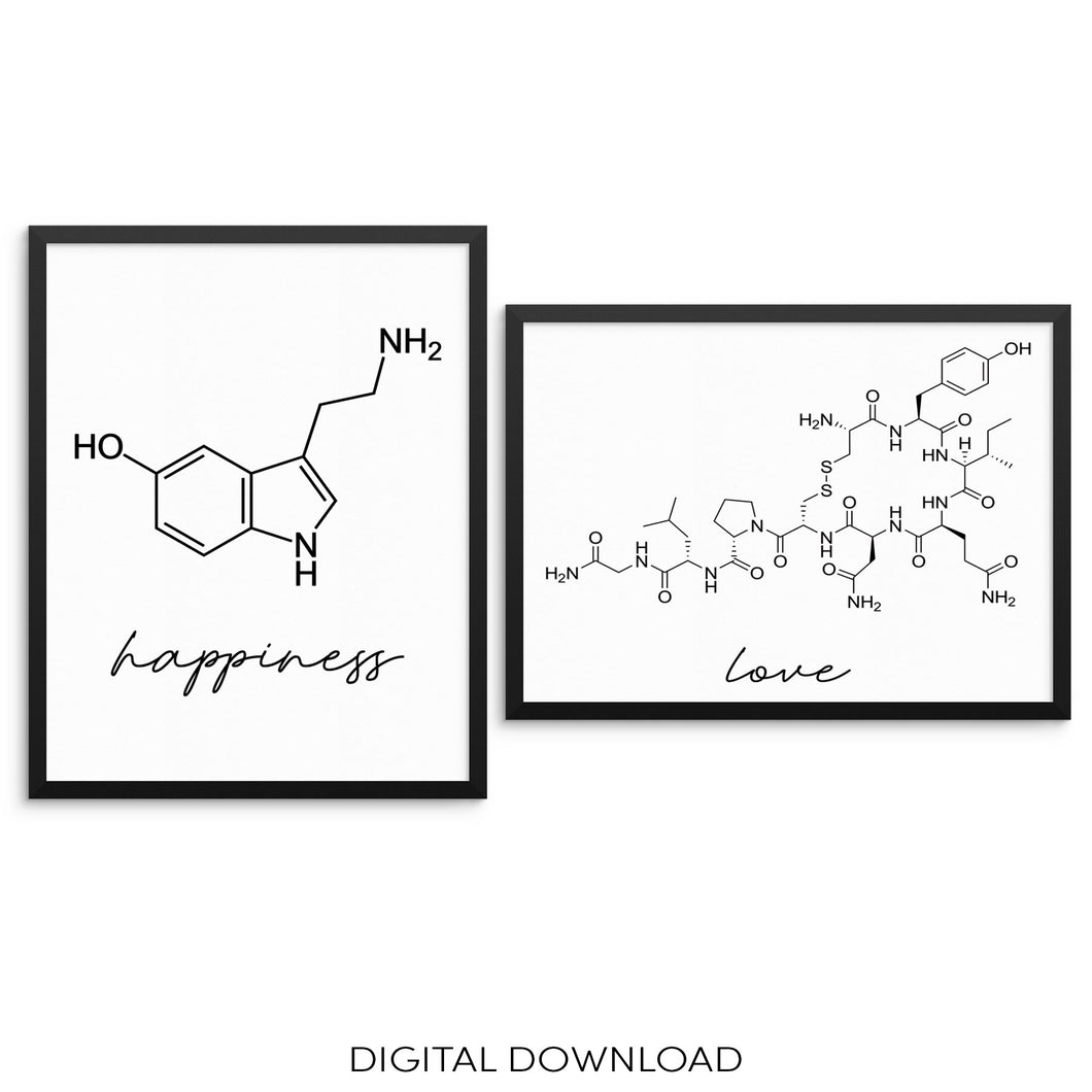 Molecular Love Happiness Art Print Set DIGITAL DOWNLOAD Posters - Oxytocin Serotonin Molecules Modern Artwork for Living Room Bedroom