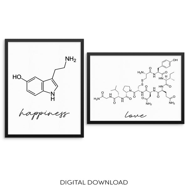 Molecular Love Happiness Art Print Set DIGITAL DOWNLOAD Posters - Oxytocin Serotonin Molecules Modern Artwork for Living Room Bedroom