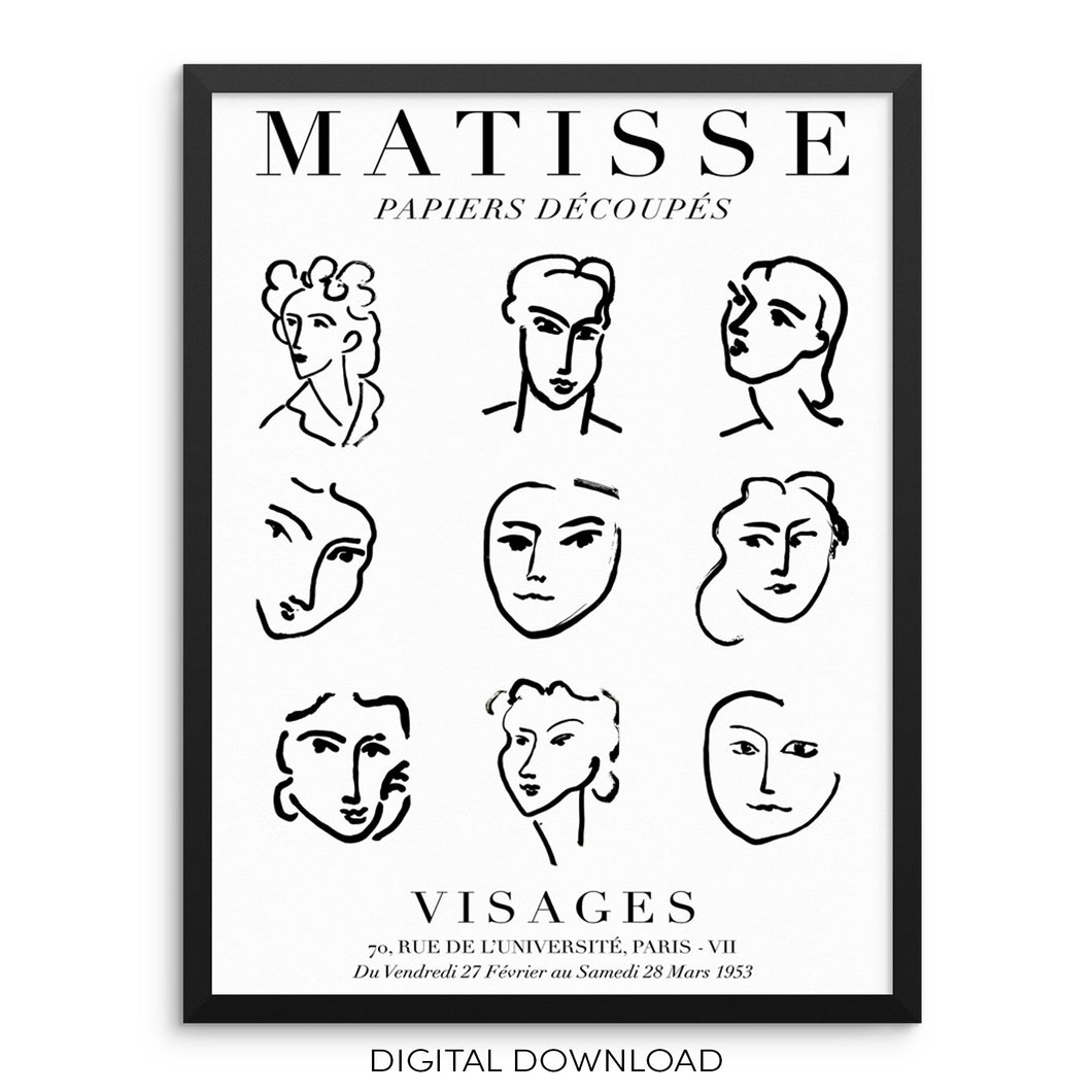 Henri Matisse Visages Art Print Line Drawing Faces Gallery Exhibition Poster DIGITAL FILE