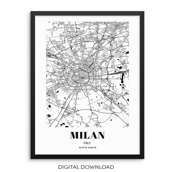 MILAN City Grid Map Art Print Cityscape Road Wall Poster DIGITAL FILE