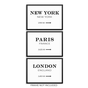 New York Paris London Road Miles Art Print Set Minimalist Posters