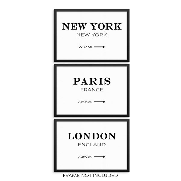 New York Paris London Road Miles Art Print Set Minimalist Posters