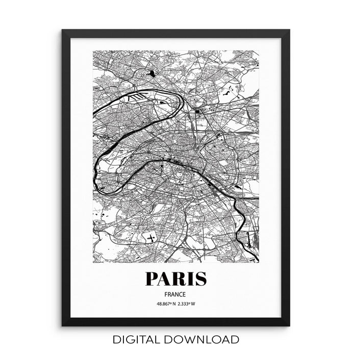 PARIS City Grid Map Art Print DIGITAL DOWNLOAD Parisian Citys Road Map