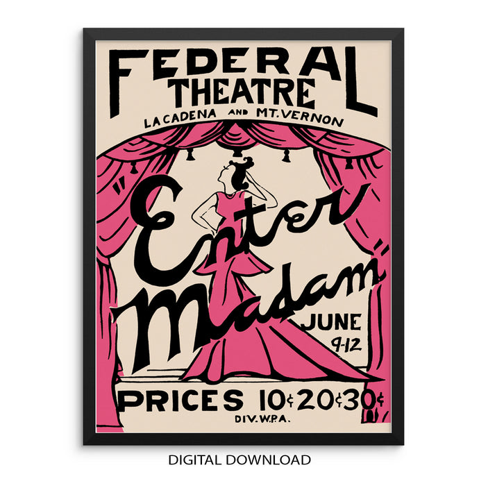 Vintage Movie Poster Eclectic Art Print - Enter Madam |DIGITAL DOWNLOAD| Trendy Fashion Wall Art for Bar Cart, Entryway or Living Room Decor