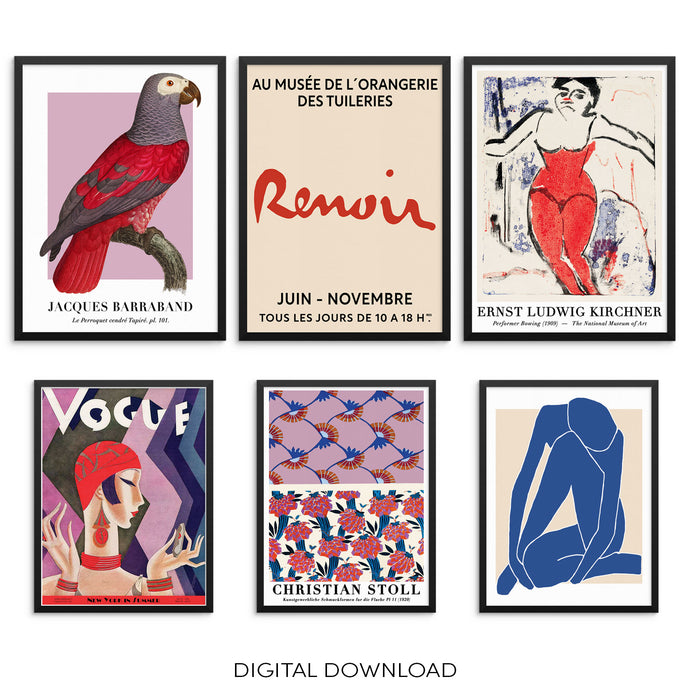 Set of 6 Gallery Wall Art Prints Pierre-Auguste Renoir, Ernst Ludgwig, Christian Stoll, Jacques Barraband, a Vintage Fashion Magazine Cover, and an Abstract Blue Body DIGITAL DOWNLOAD FILES