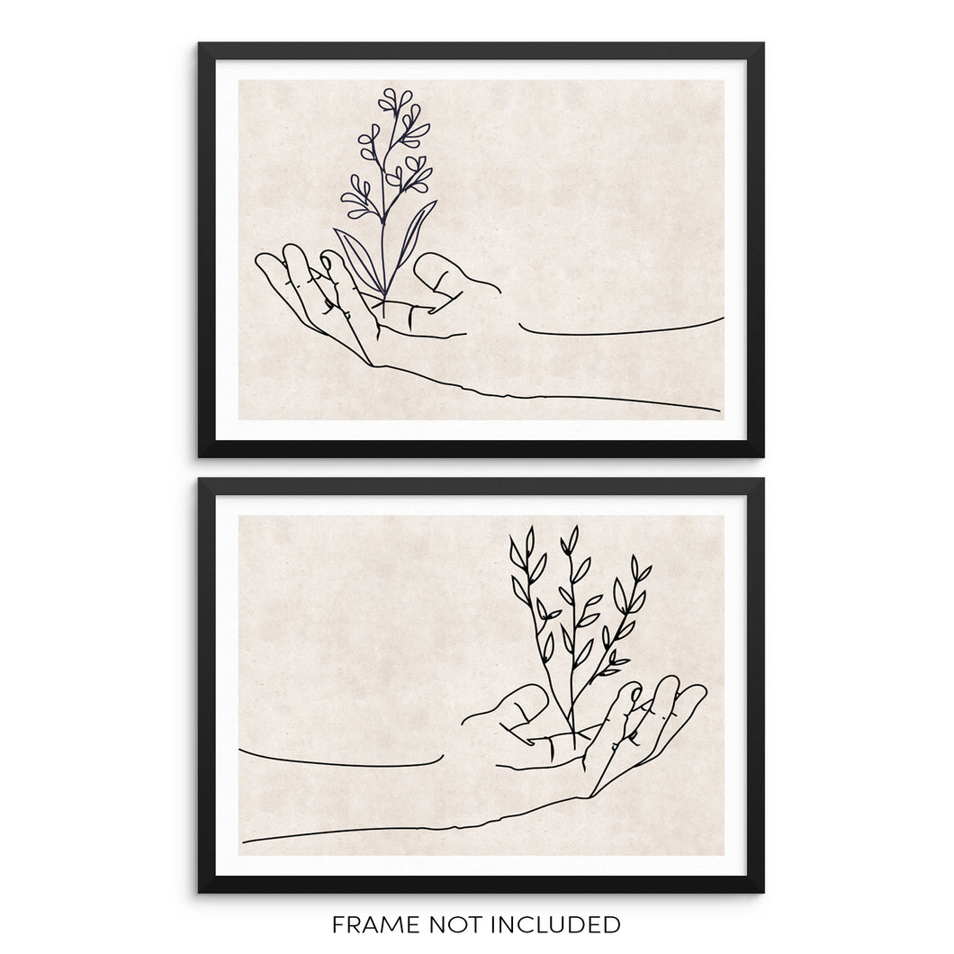 One Line Art Print Set Abstract Hands with Flowers Wall Decor Posters