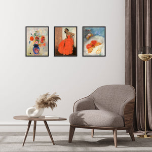 Set of 3 Eclectic Gallery Wall Art Prints Colorful Flowers Butterflies and Woman with Dress PRINTABLE FILES Vintage Odilon Redon Wall Art