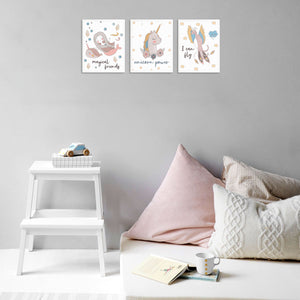 Unicorn Mermaid and Bird Art Prints Set Girls Bedroom Wall Decor