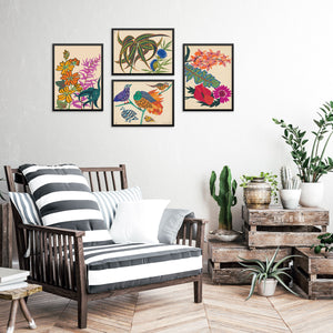 Set of 4 Colorful Eclectic Gallery Wall Art Prints | DIGITAL DOWNLOAD | Vintage Botanical Flowers and Birds Posters Wall Decor