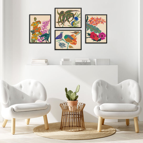 Set of 4 Colorful Eclectic Gallery Wall Art Prints | DIGITAL DOWNLOAD | Vintage Botanical Flowers and Birds Posters Wall Decor
