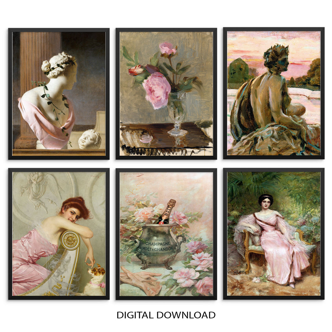 Set of 6 Eclectic Gallery Wall Pink Theme Art Prints | PRINTABLE FILE | Vintage Posters for Bedroom Entryway Living Room Wall Decor