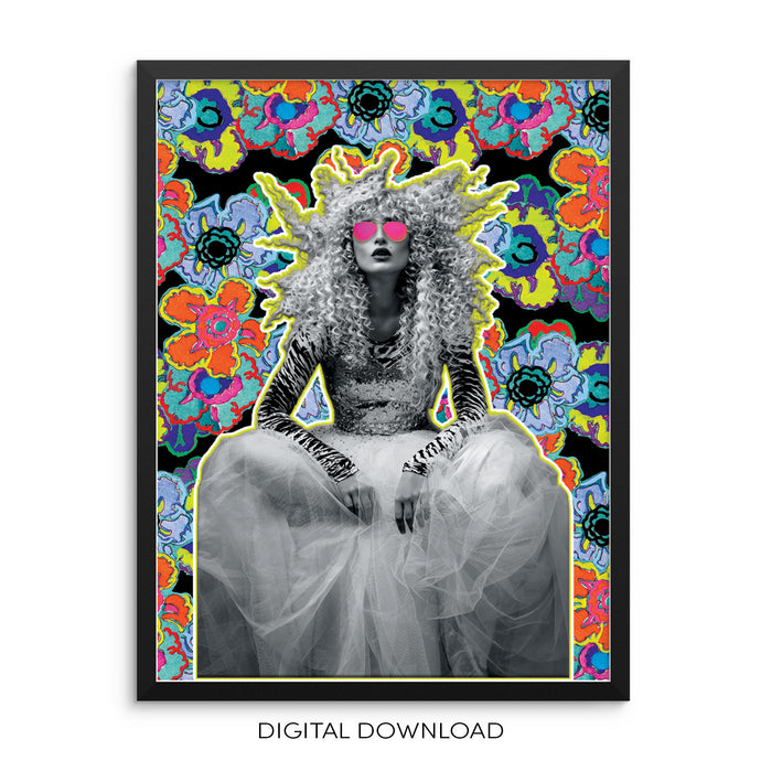 Altered Art Print DIGITAL DOWNLOAD FILES Fashion Woman Colorful Neon Flowers Retro Poster