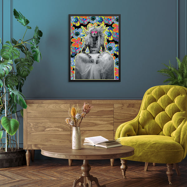 Altered Art Print DIGITAL DOWNLOAD FILES Fashion Woman Colorful Neon Flowers Retro Poster