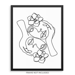Faces With Flowers Art Print Minimalist One Line Drawing Poster