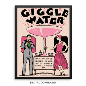 Vintage Cocktail Retro Poster Giggle Water Art Print |DIGITAL DOWNLOAD| Pink Theme Wall Art for Bar Cart, Entryway or Living Room Decor
