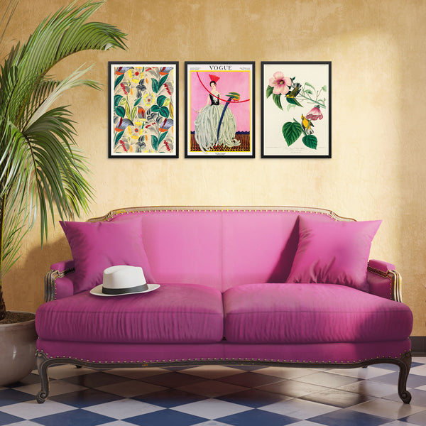 Set of 3 Gallery Wall Art Prints Flowers, Birds, and Vintage Fashion Posters DIGITAL FILE
