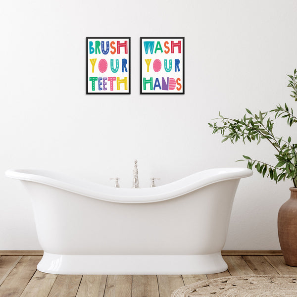 Wash Your Hands Brush Your Teeth Kids Bathroom Decor Art Print Set 