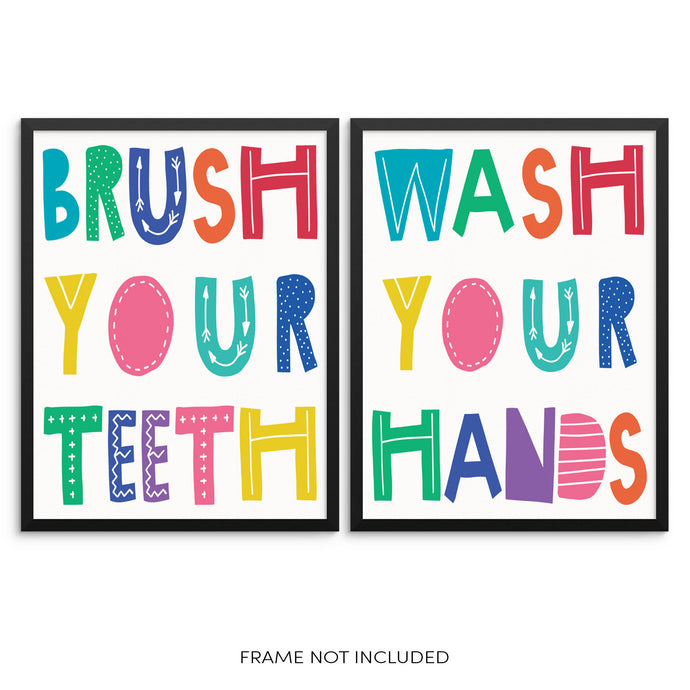 Wash Your Hands Brush Your Teeth Kids Bathroom Decor Art Print Set 